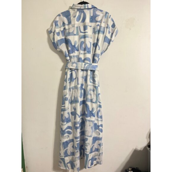 Finley Chantel Shirt Maxi Dress Blue White Abstract Print Belted size Medium - Picture 3 of 12